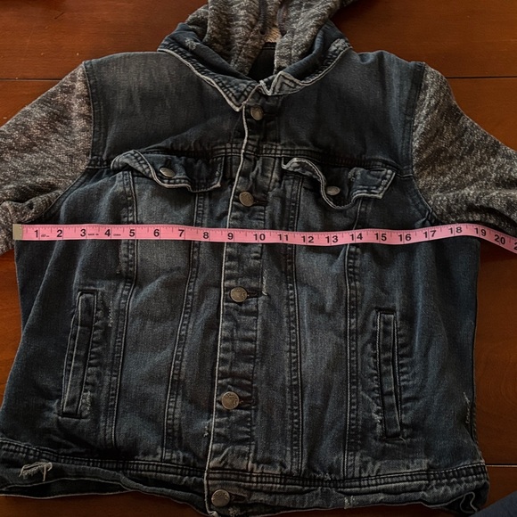 Free People Denim Jacket with Black and Gray Accents & Removable Hood.  L - Picture 14 of 16